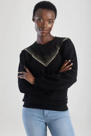 Sweat Top With Puff Sleeves - Black
