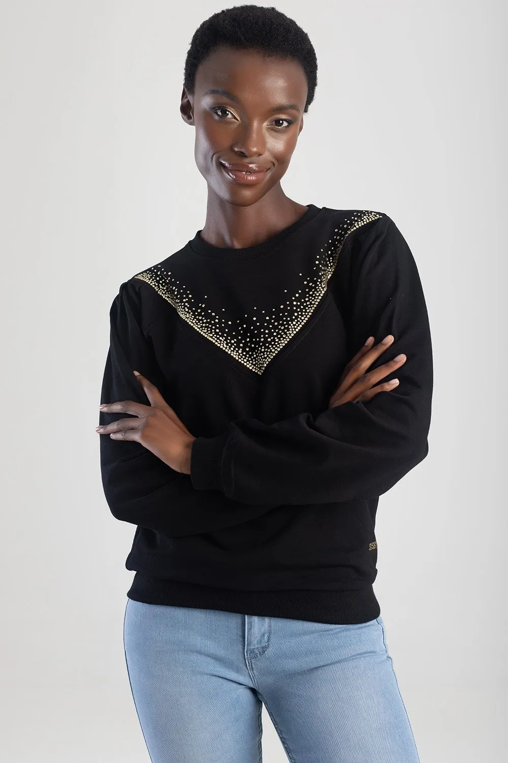 Sweat Top With Puff Sleeves - Black