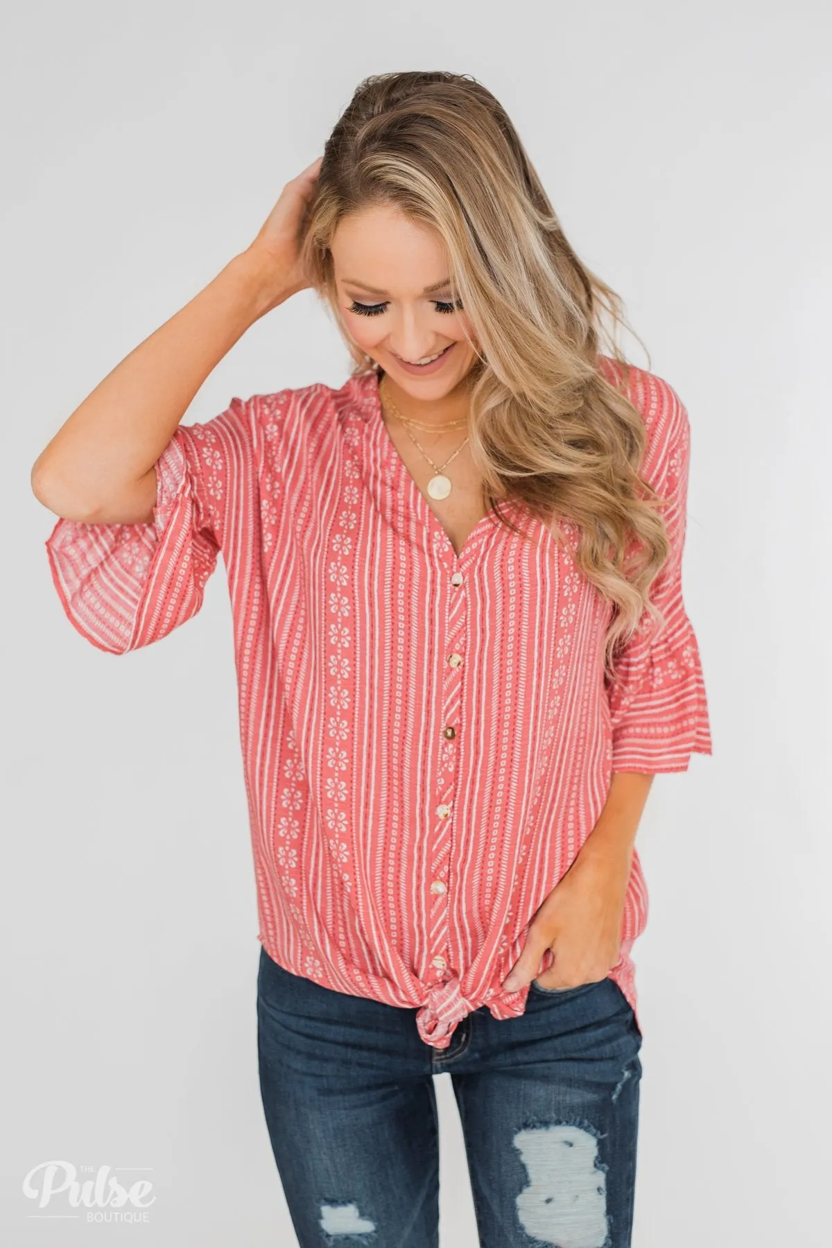 Take Me To The Tropics Front Tie Top- Grapefruit