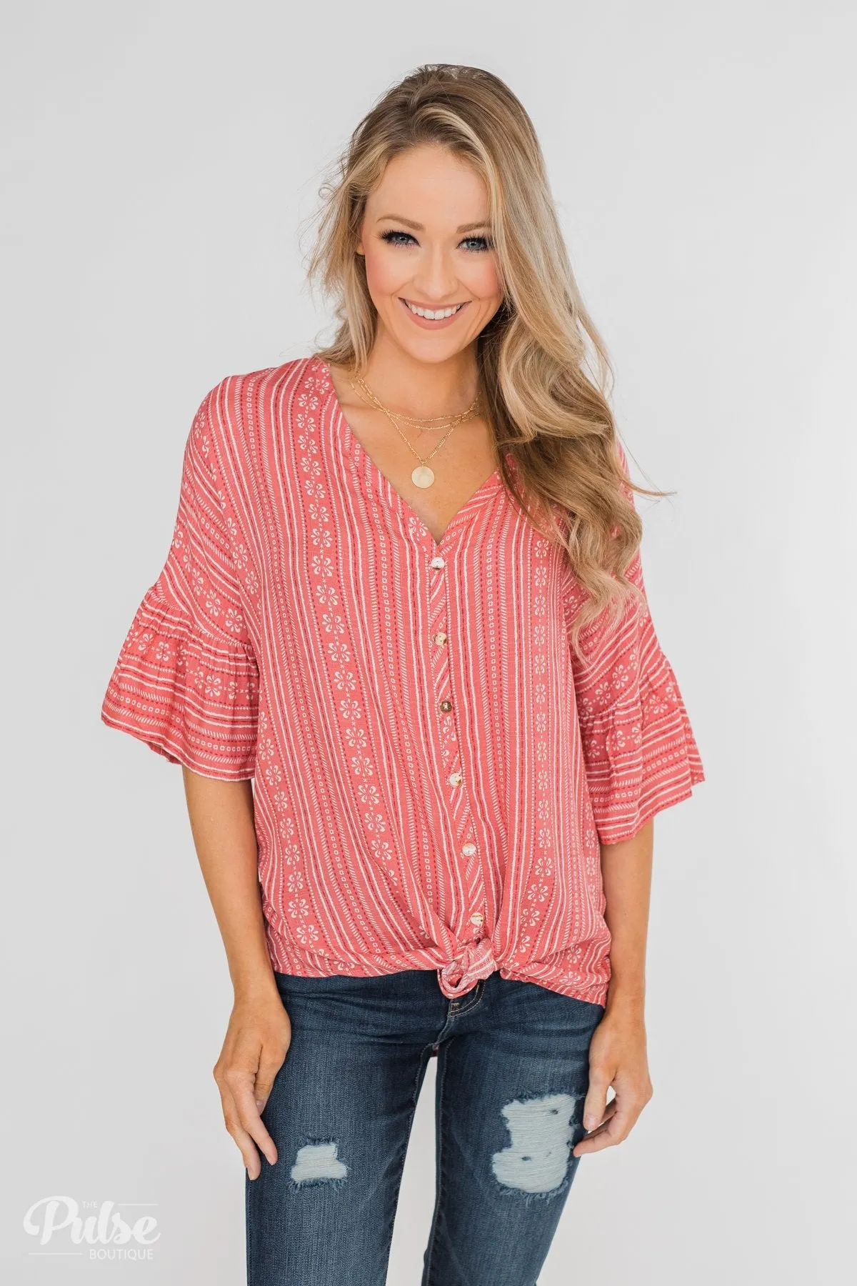 Take Me To The Tropics Front Tie Top- Grapefruit