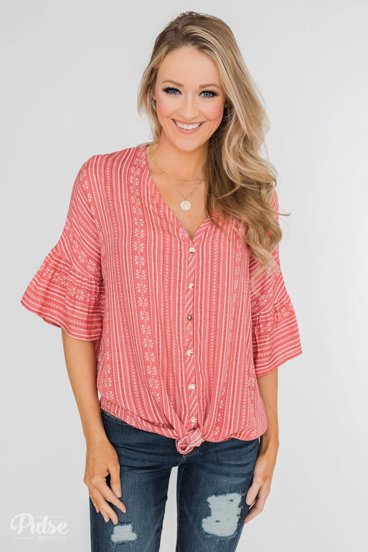 Take Me To The Tropics Front Tie Top- Grapefruit
