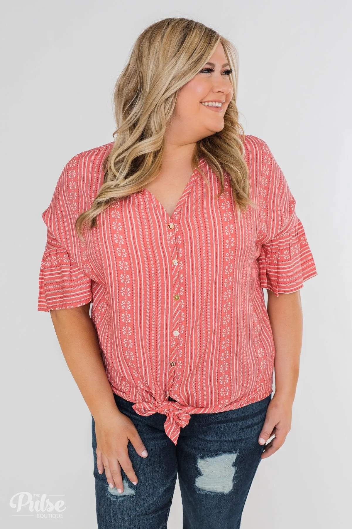 Take Me To The Tropics Front Tie Top- Grapefruit
