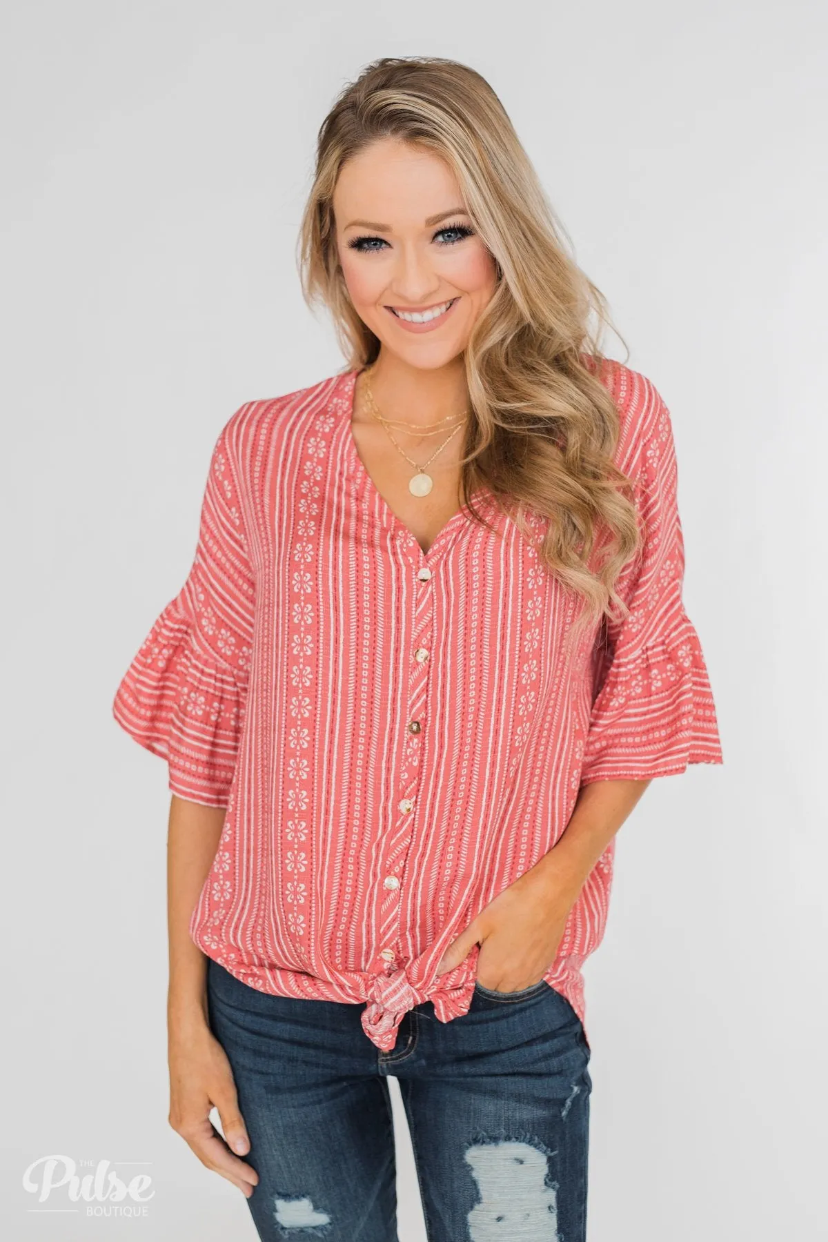 Take Me To The Tropics Front Tie Top- Grapefruit