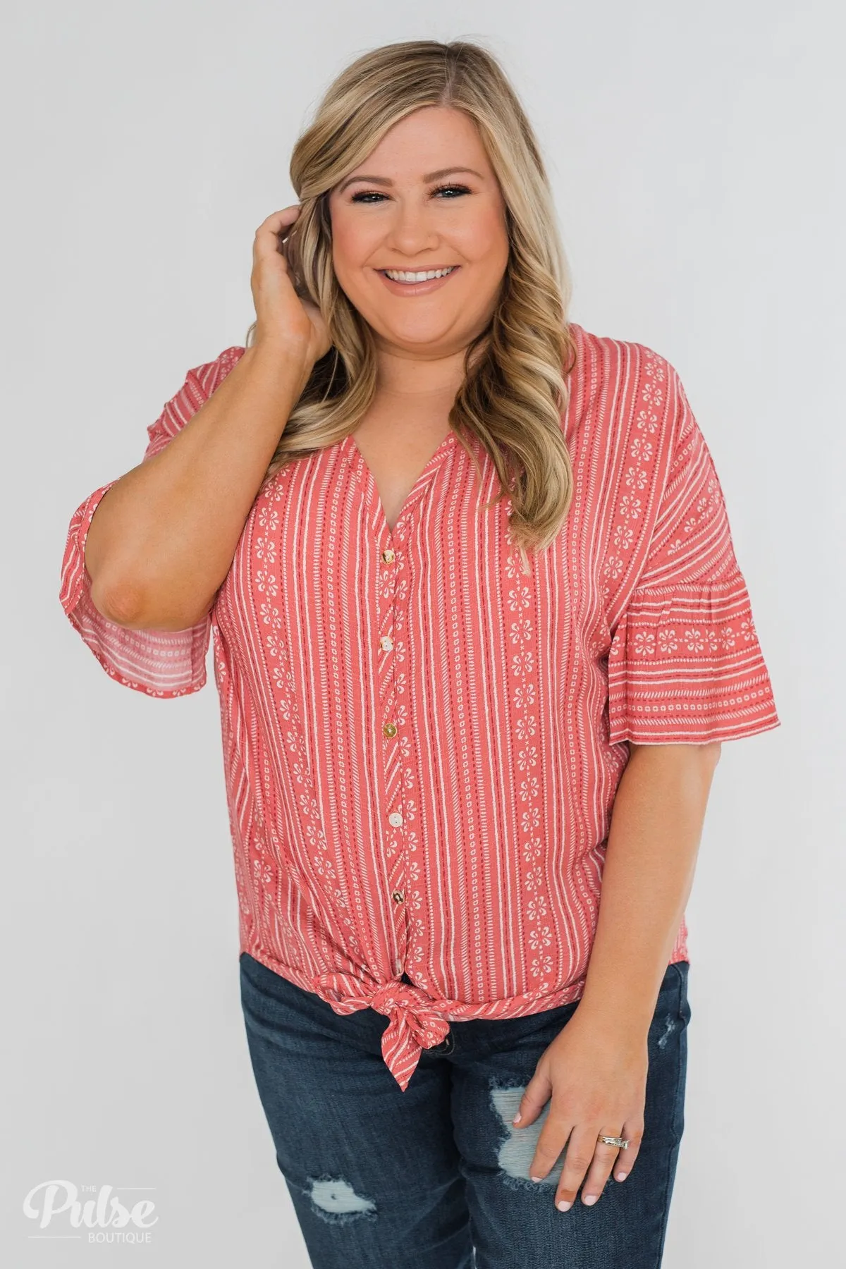 Take Me To The Tropics Front Tie Top- Grapefruit