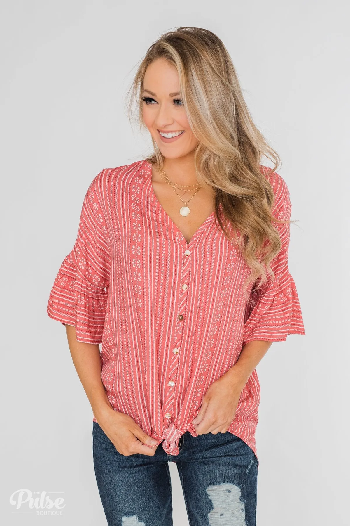 Take Me To The Tropics Front Tie Top- Grapefruit