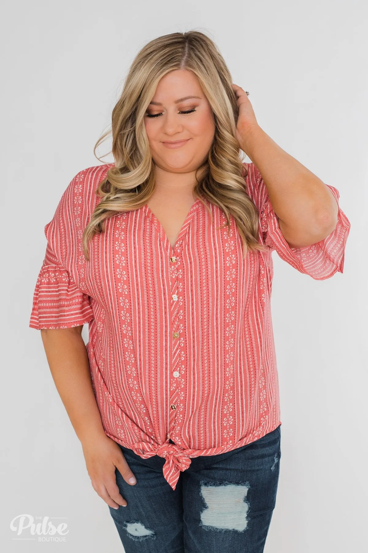 Take Me To The Tropics Front Tie Top- Grapefruit