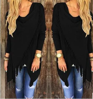 Tassel T shirt Women Long Sleeve Irregular Bow Shawl Tops Loose Plus Size S-3XL Casual Cardigan Tee Shirts