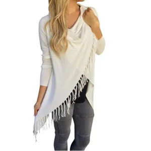 Tassel T shirt Women Long Sleeve Irregular Bow Shawl Tops Loose Plus Size S-3XL Casual Cardigan Tee Shirts
