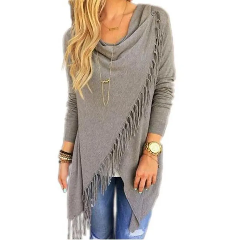 Tassel T shirt Women Long Sleeve Irregular Bow Shawl Tops Loose Plus Size S-3XL Casual Cardigan Tee Shirts