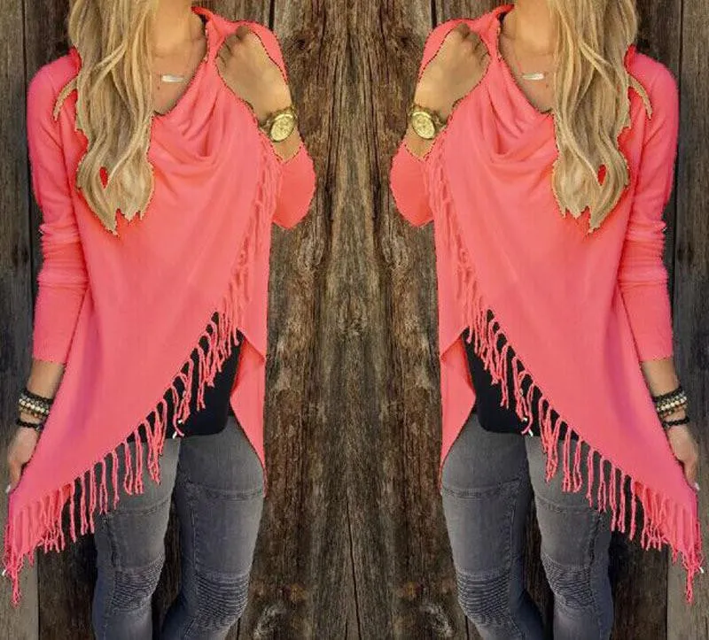 Tassel T shirt Women Long Sleeve Irregular Bow Shawl Tops Loose Plus Size S-3XL Casual Cardigan Tee Shirts