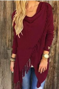Tassel T shirt Women Long Sleeve Irregular Bow Shawl Tops Loose Plus Size S-3XL Casual Cardigan Tee Shirts