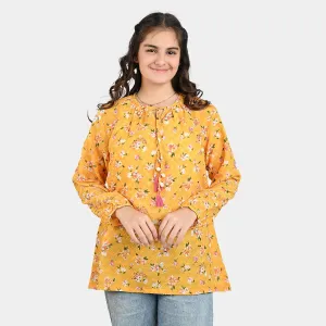 Teens Girls Printed Brochia Casual Tops-Yellow
