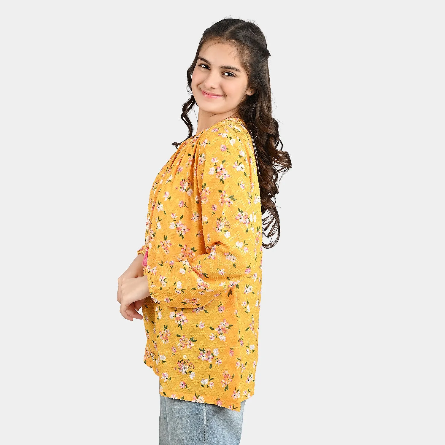 Teens Girls Printed Brochia Casual Tops-Yellow