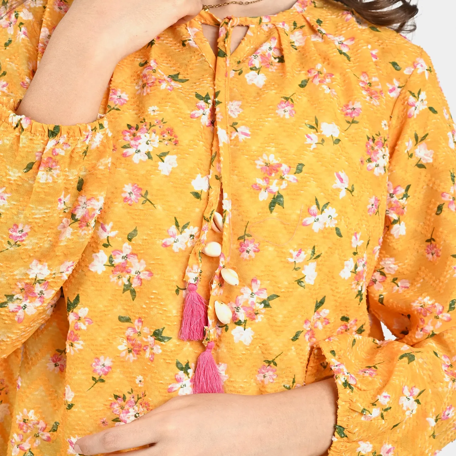 Teens Girls Printed Brochia Casual Tops-Yellow