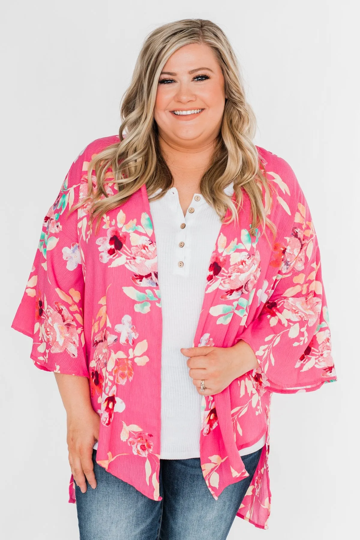 Tell Me About It Floral Kimono- Deep Pink