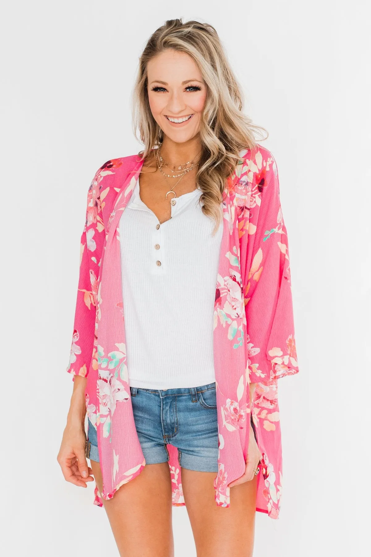 Tell Me About It Floral Kimono- Deep Pink