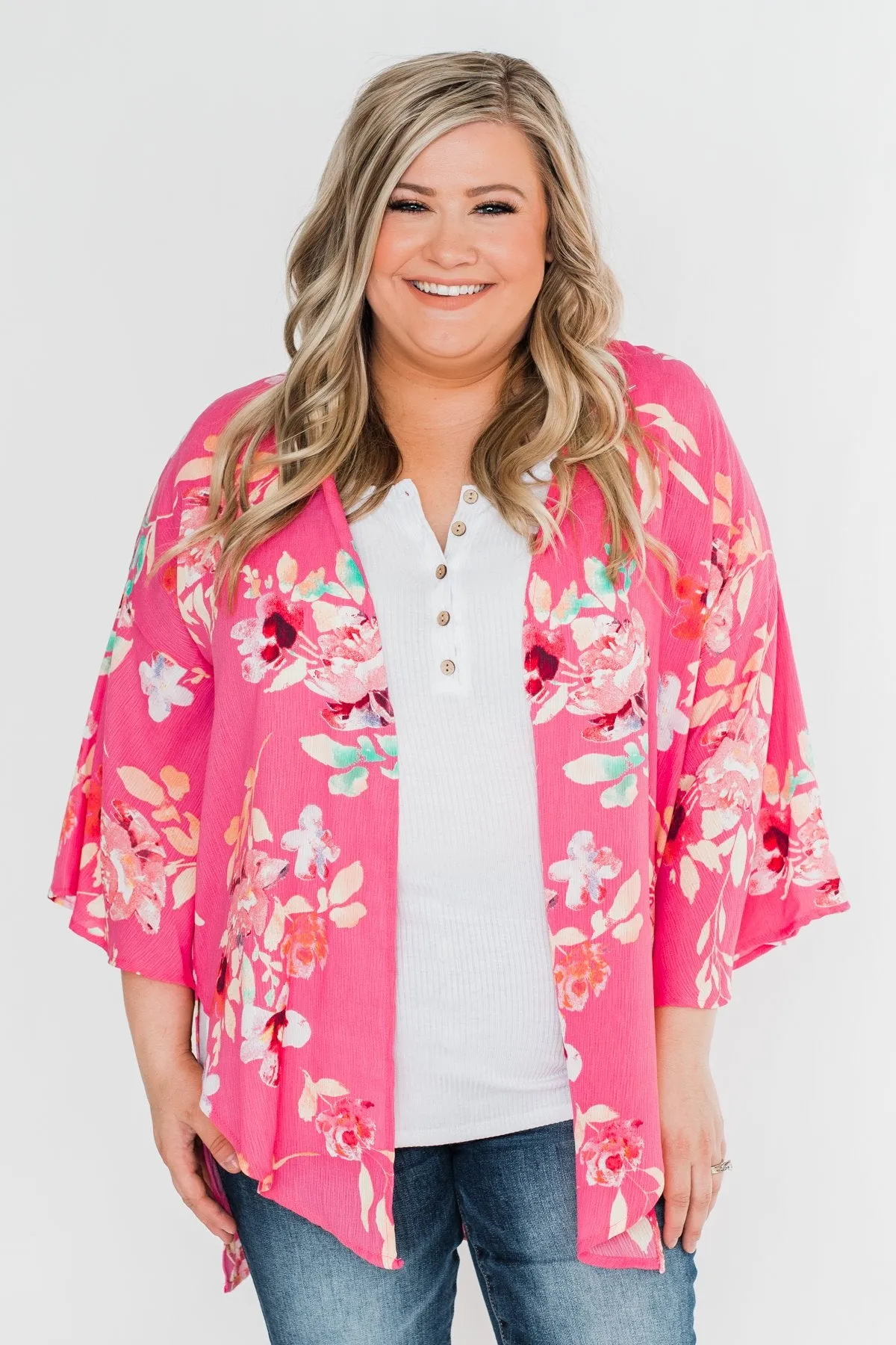 Tell Me About It Floral Kimono- Deep Pink