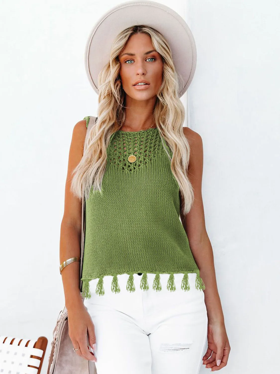 Tess Cutout Tassel Round Neck Tank