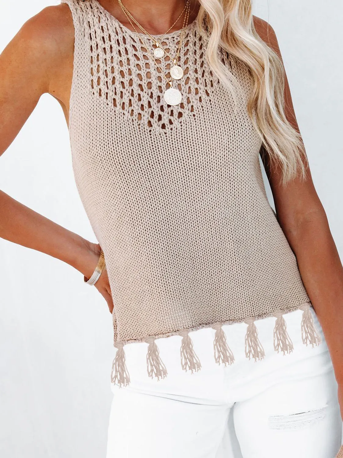Tess Cutout Tassel Round Neck Tank