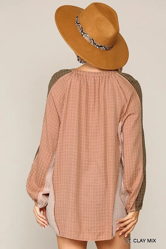Textured Color Clay Peasant Long Sleeve Top