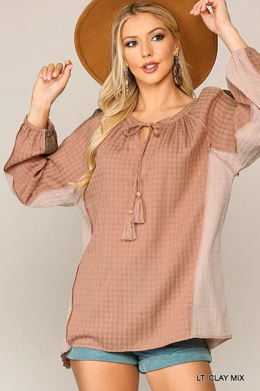 Textured Color Clay Peasant Long Sleeve Top