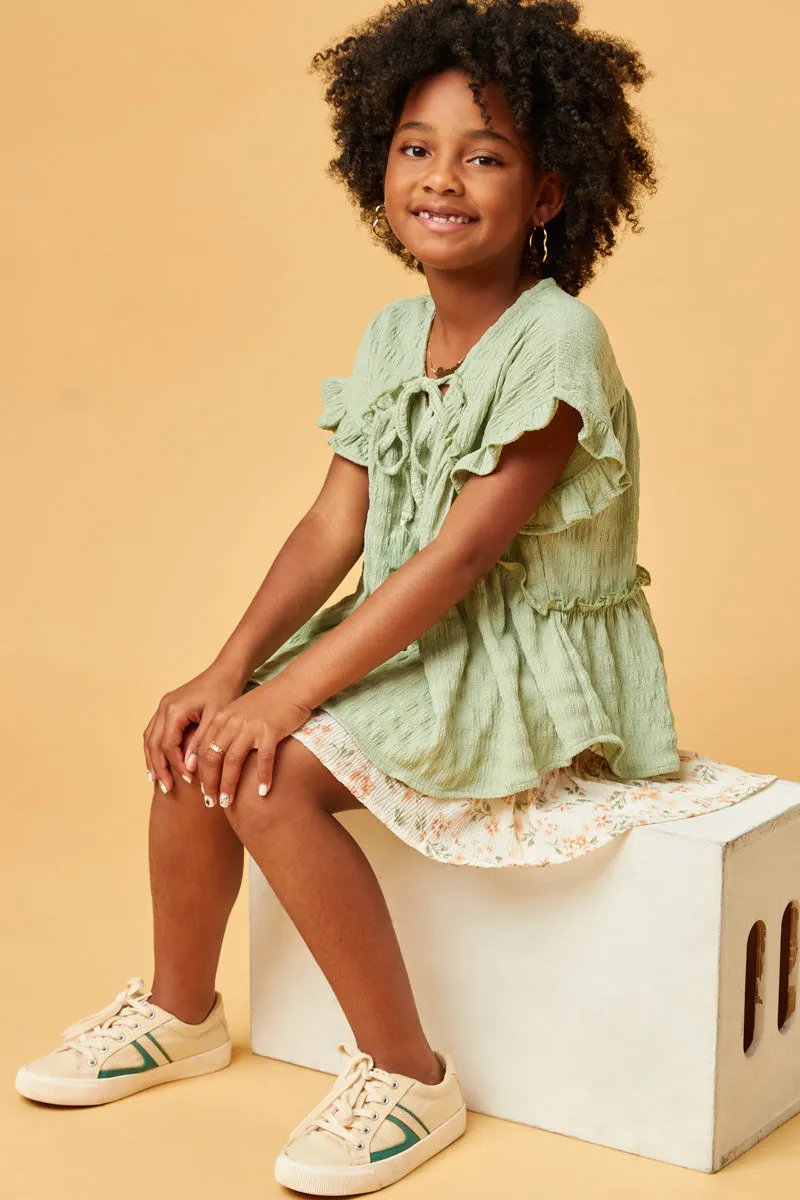 Textured Ruffle Seamed Tassel Tie Top