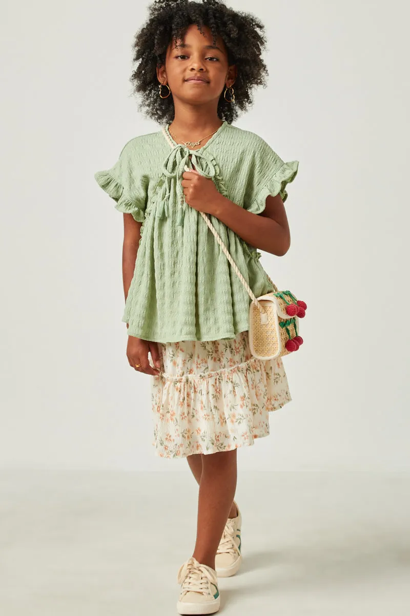 Textured Ruffle Seamed Tassel Tie Top