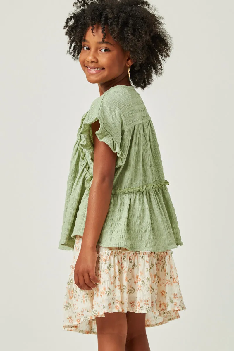 Textured Ruffle Seamed Tassel Tie Top