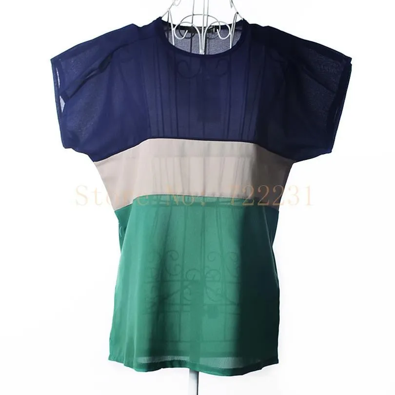 Three Color Stitching Elegant Style Chiffon Shirt Blouse Tops Office Shirts Fashion Women Clothes
