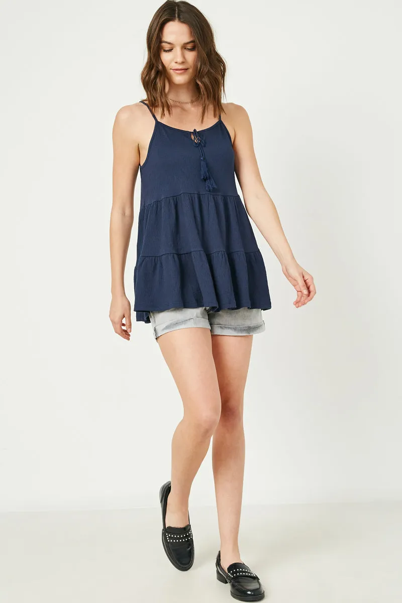 Tiered Texture Knit Sleeveless Tassel Top
