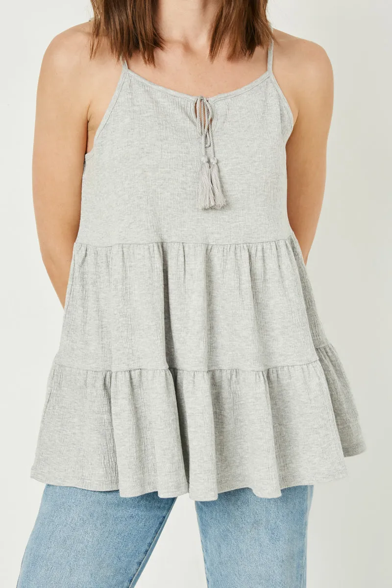 Tiered Texture Knit Sleeveless Tassel Top
