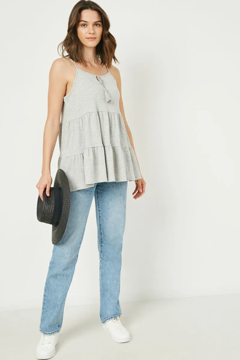 Tiered Texture Knit Sleeveless Tassel Top