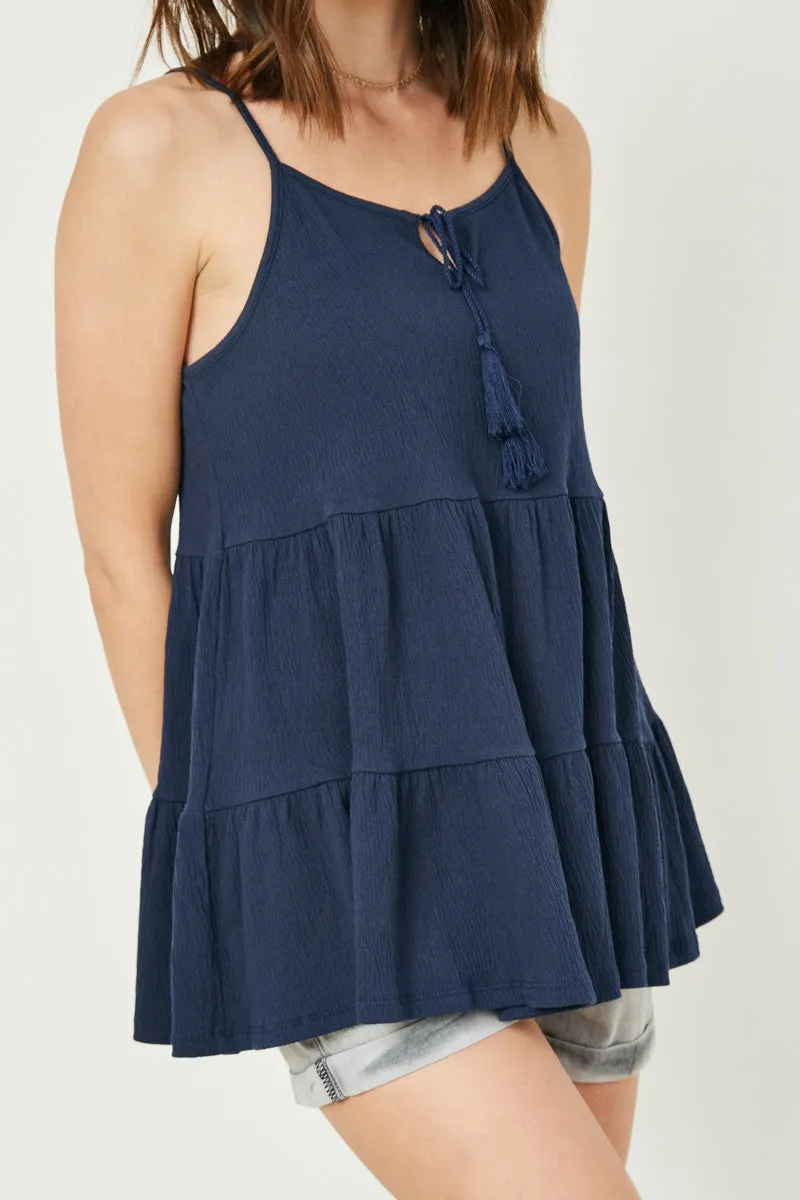Tiered Texture Knit Sleeveless Tassel Top