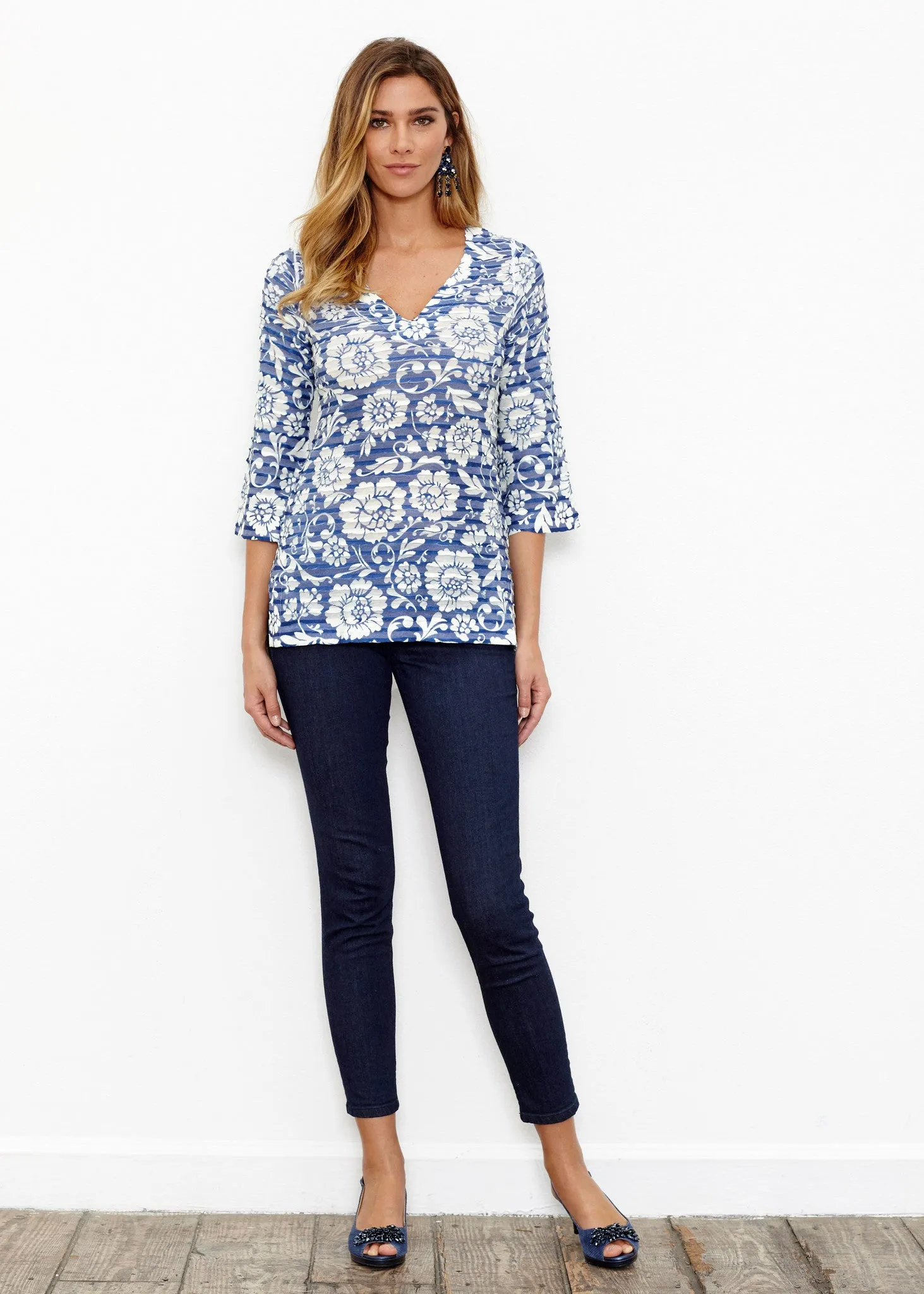 Traditional Navy (14135) ~ Banded 3/4 Bell-Sleeve V-Neck Tunic