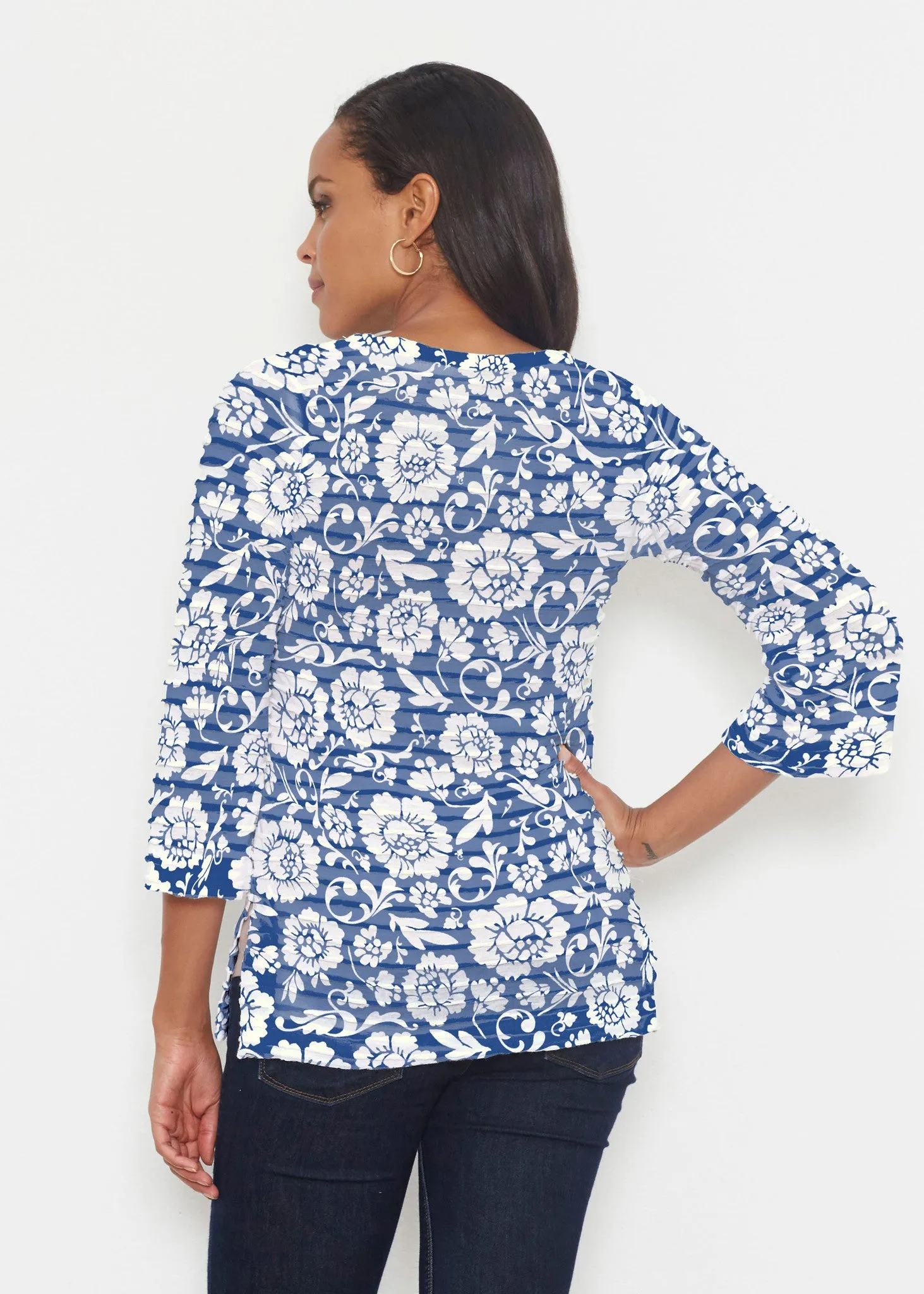 Traditional Navy (14135) ~ Banded 3/4 Bell-Sleeve V-Neck Tunic