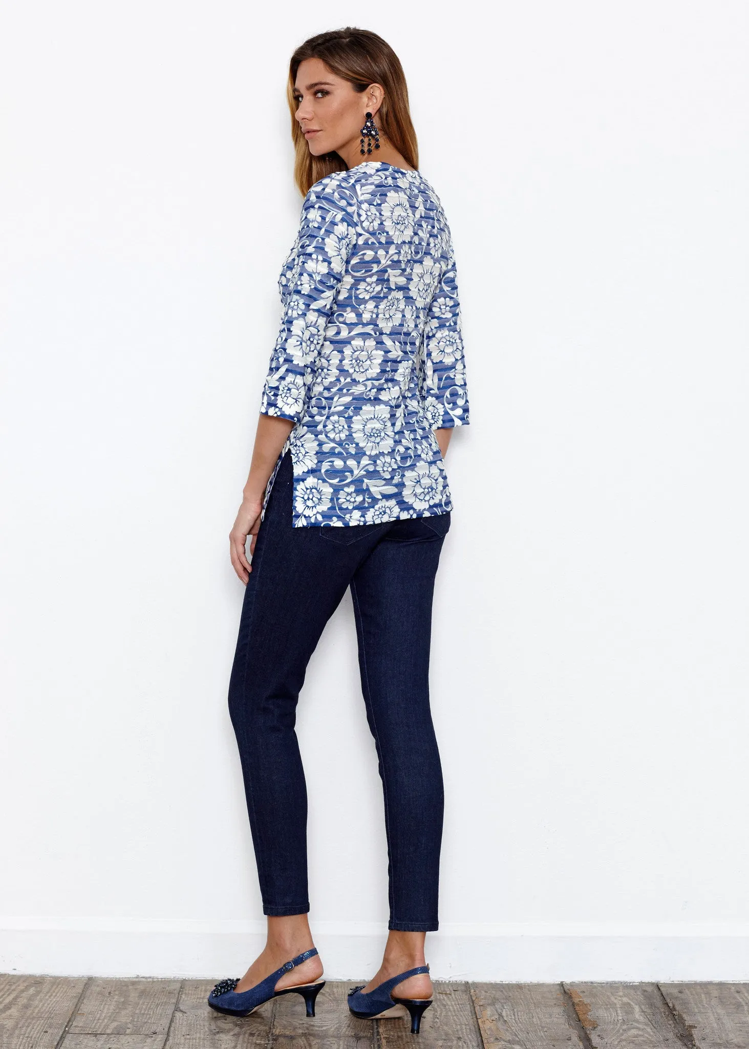 Traditional Navy (14135) ~ Banded 3/4 Bell-Sleeve V-Neck Tunic