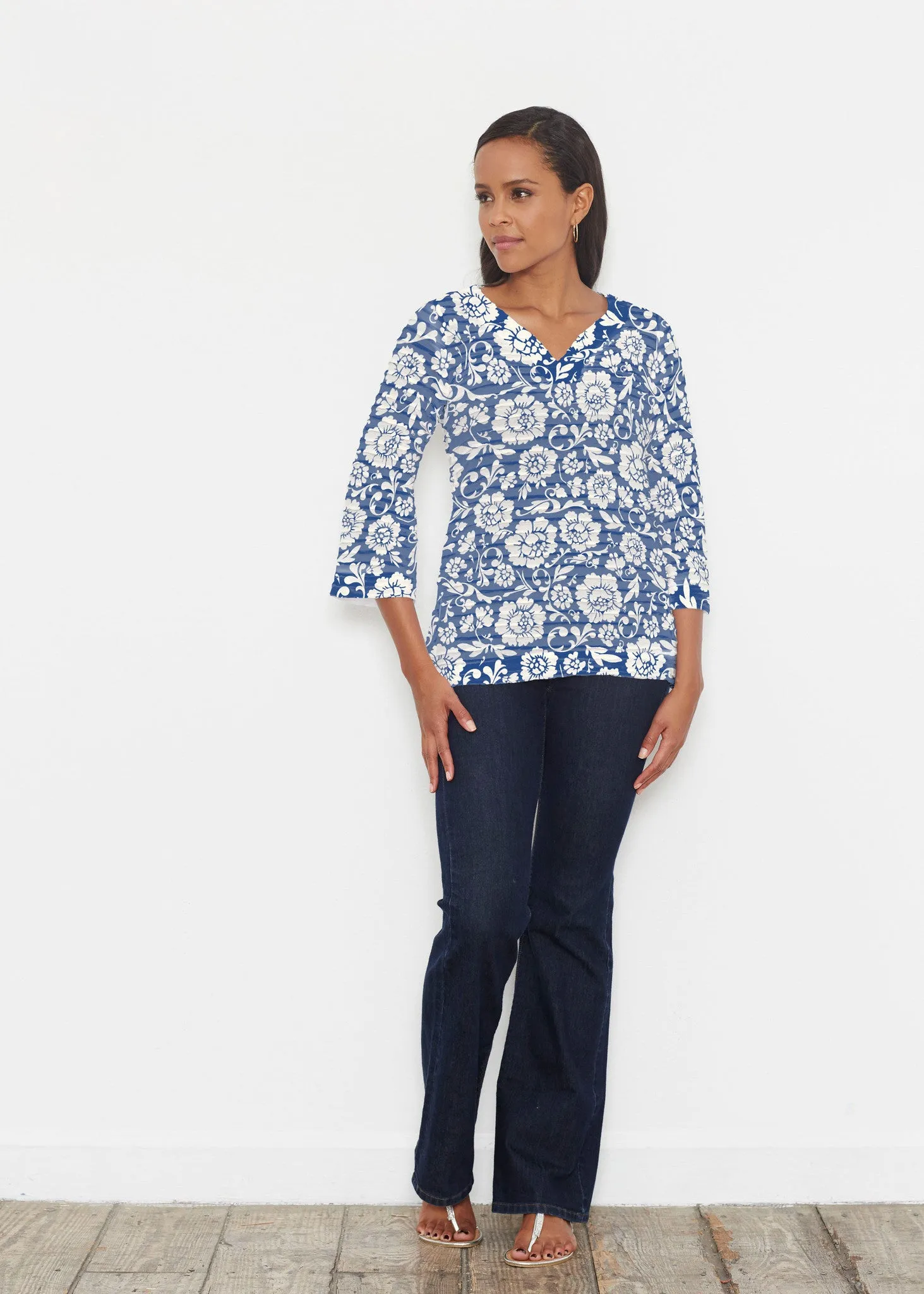 Traditional Navy (14135) ~ Banded 3/4 Bell-Sleeve V-Neck Tunic