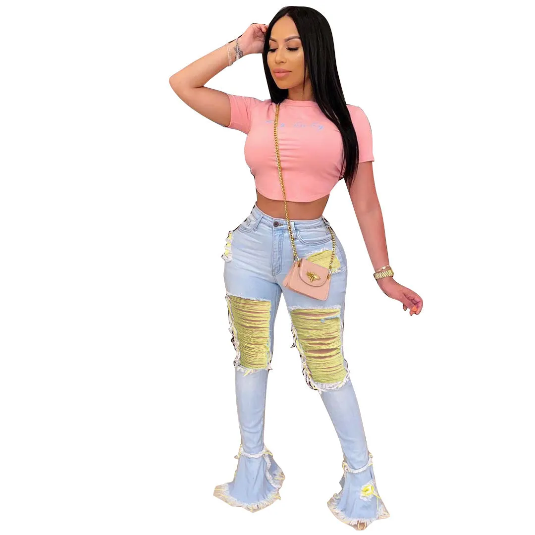 Trendy Ripped Tassel Denim Bell Bottom Pants