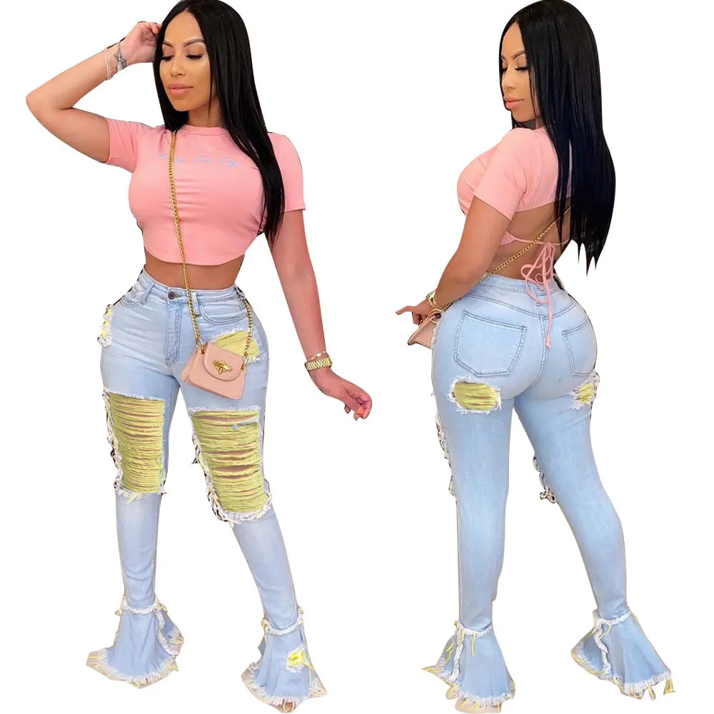Trendy Ripped Tassel Denim Bell Bottom Pants