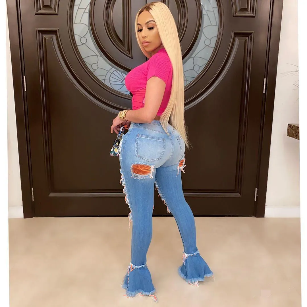 Trendy Ripped Tassel Denim Bell Bottom Pants