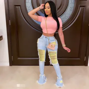 Trendy Ripped Tassel Denim Bell Bottom Pants