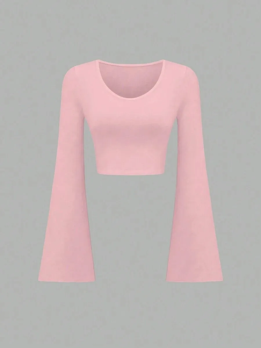 Trendy Solid Color Bell Sleeve Slim Fit T-shirt