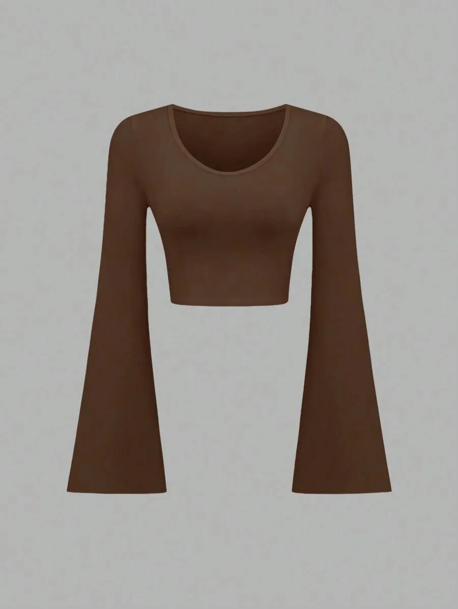 Trendy Solid Color Bell Sleeve Slim Fit T-shirt