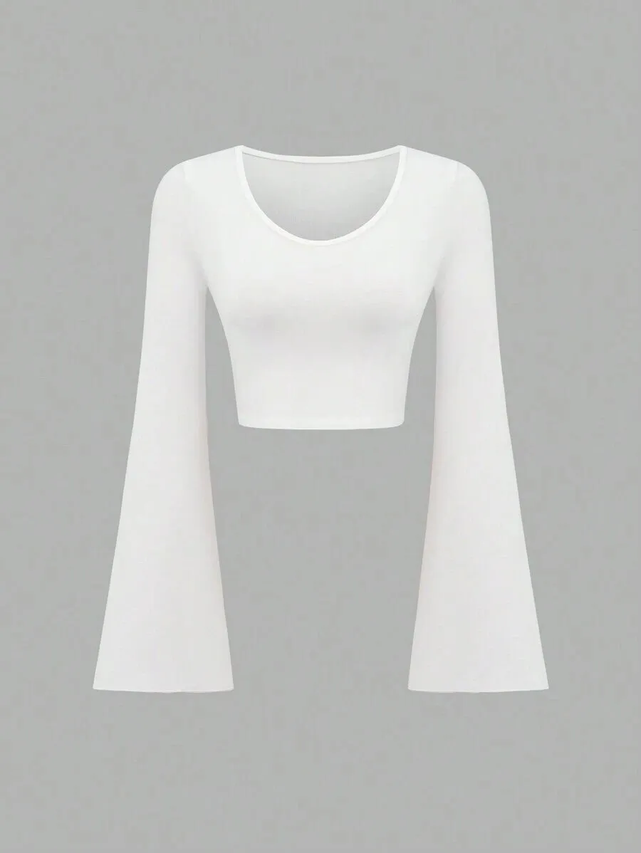 Trendy Solid Color Bell Sleeve Slim Fit T-shirt