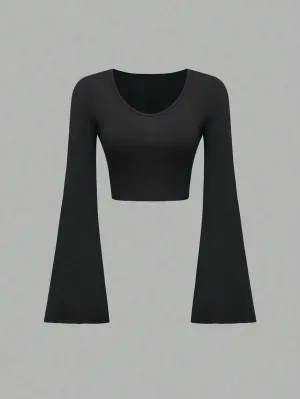 Trendy Solid Color Bell Sleeve Slim Fit T-shirt