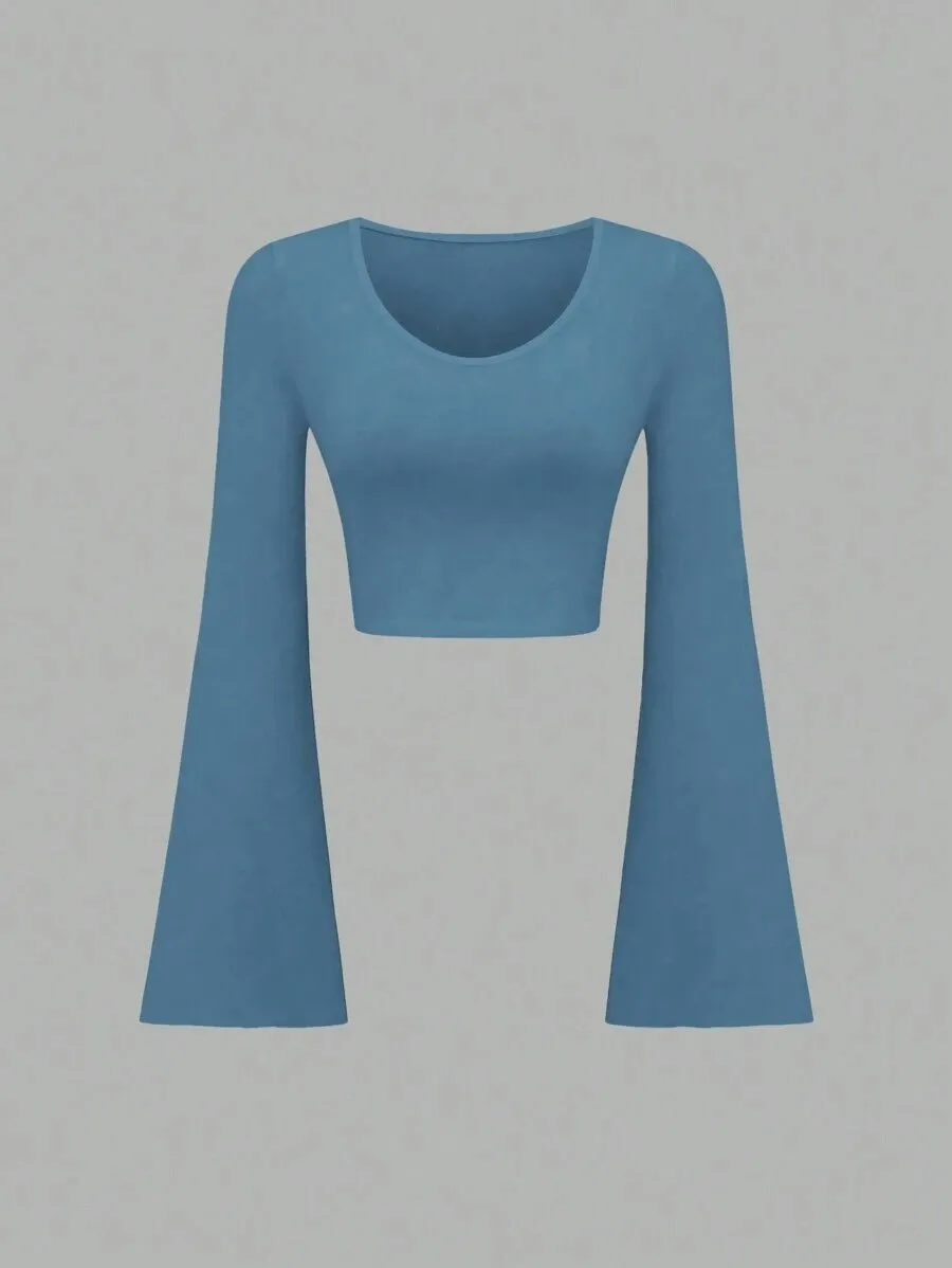Trendy Solid Color Bell Sleeve Slim Fit T-shirt