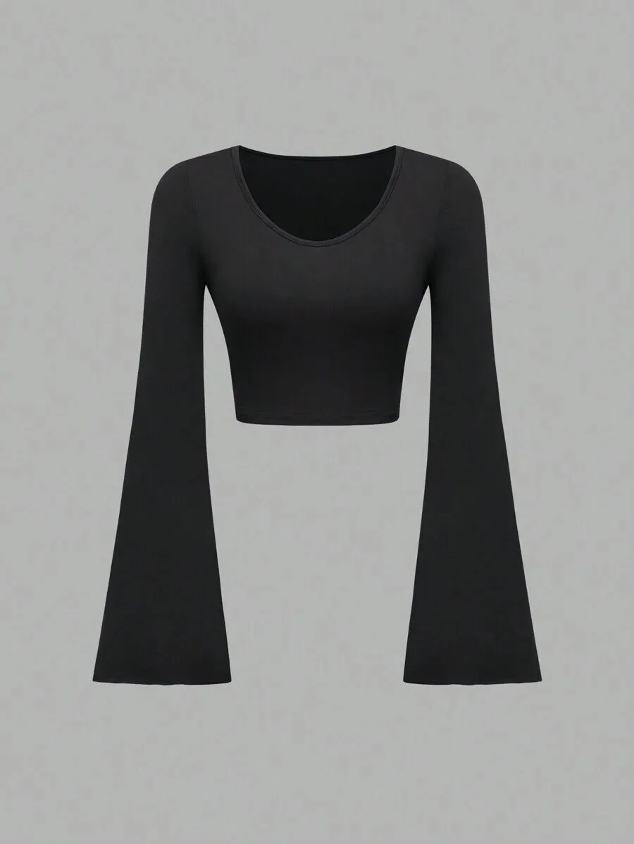 Trendy Solid Color Bell Sleeve Slim Fit T-shirt