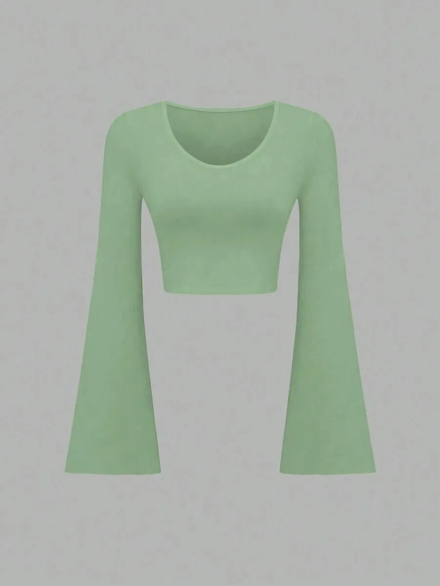 Trendy Solid Color Bell Sleeve Slim Fit T-shirt