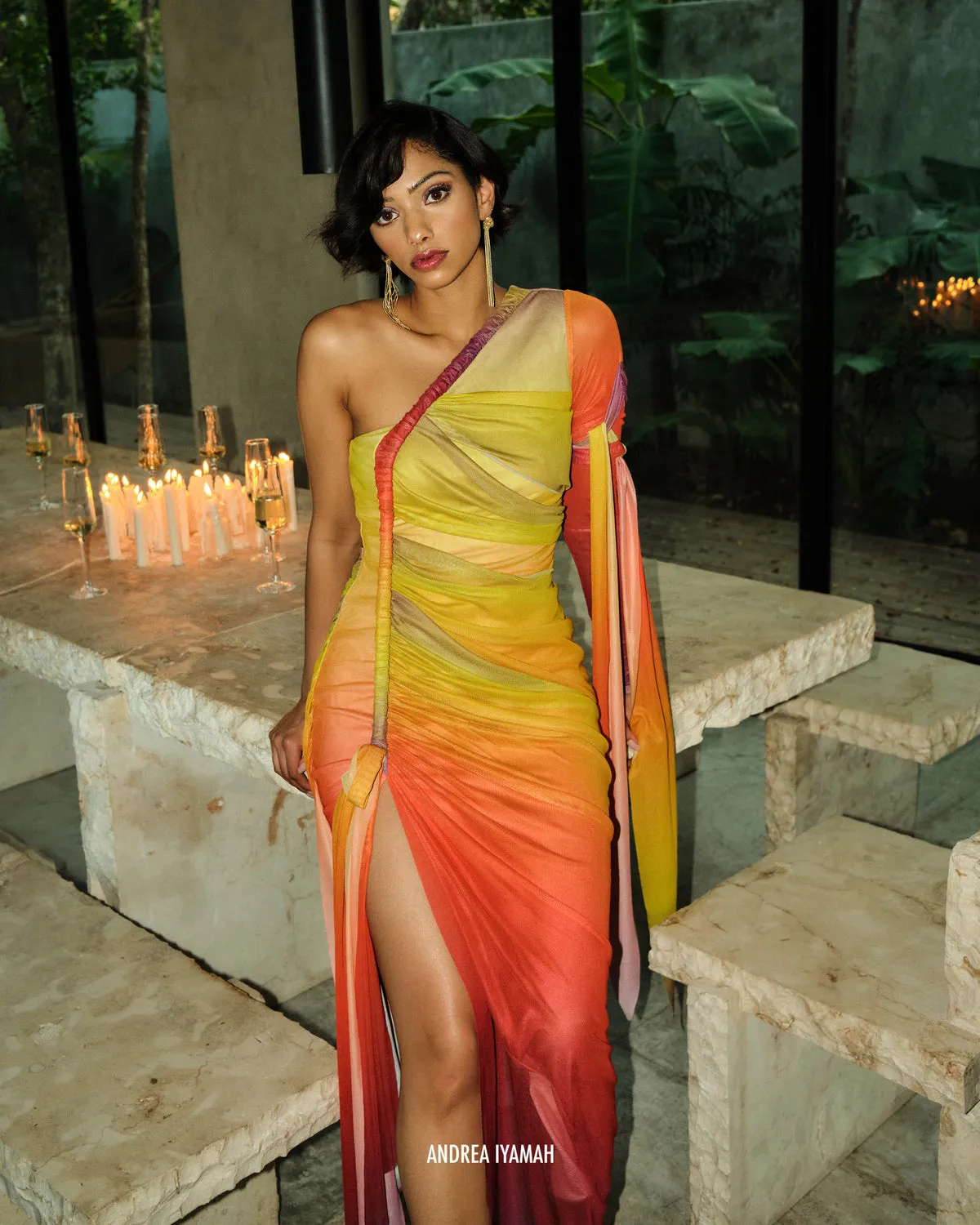 Turi Asymmetric Mesh Dress | Adwa Print