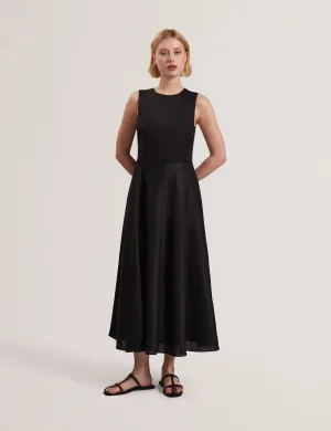Uliaa Asymmetric Trim Detail Linen Midi Dress Black